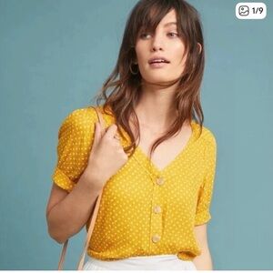Anthropologie Maeve yellow white polka dot short sleeve button down blouse SZ 6